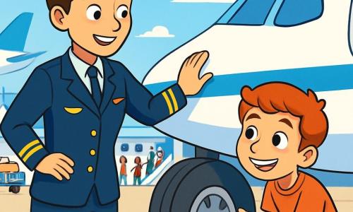 Une femme pilote, Capitaine Léa Dubois, souriante et confiante, porte une combinaison bleu foncé et un chignon soigné. Elle inspecte un gros avion blanc et bleu sur le tarmac, sa main posée sur la carlingue, son regard pétillant d'excitation. À ses côtés, un garçon de 10 ans, Samy, aux cheveux roux et aux yeux brillants, s'accroupit pour vérifier les pneus, un grand sourire sur le visage. Le lieu est un aéroport animé, avec des avions en arrière-plan, des bagagistes chargent des valises, et des passagers montent à bord. Le ciel est d'un bleu éclatant, parsemé de quelques nuages blancs. Léa explique à Samy les différentes parties de l'avion, leur enthousiasme palpable alors qu'ils se préparent pour un vol magique.