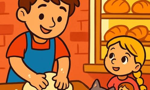 Un jeune homme nommé Lucas, avec des cheveux bruns en désordre et un sourire chaleureux, porte un tablier bleu et pétrit de la pâte à pain sur une table en bois, les mains couvertes de farine. À côté de lui, une petite fille, Emma, âgée d'environ 6 ans, avec des cheveux blonds tressés et une robe rose, regarde émerveillée la vitrine de la boulangerie, tenant sa poupée. Un petit chat gris se frotte contre les jambes de Lucas. La boulangerie, avec des murs en briques rouges et de grandes fenêtres laissant entrer la lumière dorée du matin, expose des pains ronds et des croissants dorés, créant une ambiance accueillante. Lucas façonne la pâte tandis qu'Emma admire les créations, les yeux pétillants de joie.