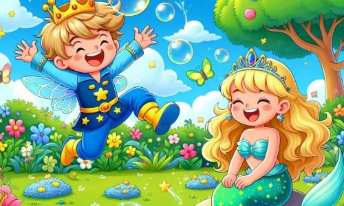 Un petit prince joyeux d'environ 7 ans, avec des cheveux blonds en bataille et une couronne dorée de travers, saute dans un jardin fleuri. Il porte un costume bleu vif avec des étoiles dorées et un grand sourire. À côté de lui, une sirène pétillante d'environ 6 ans, avec de longs cheveux ondulés et une queue scintillante turquoise, éclate de rire en faisant des bulles de savon, assise sur une pierre au bord d'un étang. Le jardin est rempli de fleurs éclatantes, de papillons et d'un ciel bleu avec des nuages blancs. Au centre, un grand arbre offre de l'ombre. Le petit prince essaie d'attraper une bulle de savon qui s'envole, tandis que la sirène l'encourage en riant, créant une ambiance magique et joyeuse.