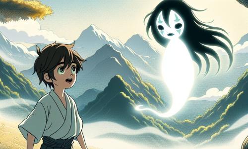 Haruki, un garçon de onze ans aux yeux pétillants et aux cheveux noirs en bataille, se tient au sommet de la montagne Yurei, déterminé et émerveillé face à un esprit lumineux, le Yurei, qui flotte devant lui. Ce dernier, une silhouette éthérée aux longs cheveux noirs et au visage mélancolique, semble apaisé, ses yeux brillants de sagesse. Le paysage est spectaculaire, avec des montagnes majestueuses enveloppées de brouillard et des arbres séculaires aux feuilles dorées dansant au vent. Dans cette clairière baignée d'une douce lumière, Haruki raconte une histoire avec passion au Yurei, cherchant à apaiser son cœur en partageant des récits de joie et de sagesse, tandis que le vent murmure autour d'eux, écoutant chaque mot.