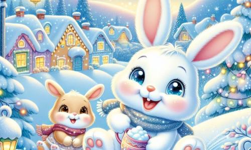Un petit lapin nommé Léo, aux grandes oreilles et au pelage blanc, glisse joyeusement sur une colline enneigée, avec un grand sourire et des yeux pétillants d'excitation. Sa maman, une lapine au pelage brun clair, l'encourage en tenant une tasse de chocolat chaud. Le décor est un village hivernal charmant, avec des maisons colorées sous la neige et des guirlandes lumineuses. La scène illustre la magie de l'hiver, pleine de rires et de joie.
