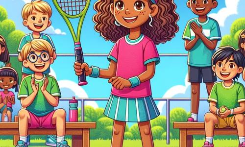 Élise, 12 ans, a des cheveux châtains bouclés et des yeux déterminés. Elle porte un t-shirt rose et un short bleu, tenant sa raquette de tennis avec un sourire confiant. À ses côtés, Léo, 12 ans, blond et portant des lunettes, applaudit en maillot de sport vert. Fatima, 11 ans, avec des cheveux longs et noirs, sourit en tenant une bouteille d'eau derrière Élise. La scène se déroule sur un court de tennis en plein air, entouré de verdure, avec des spectateurs sur des bancs en bois sous un ciel bleu. Élise se prépare à servir, ressentant la tension et l'excitation de ce match important.