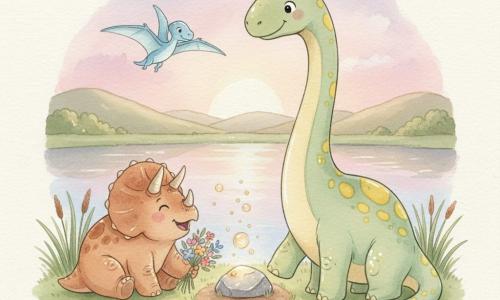 Un grand diplodocus tendre et souriant, peau vert pâle à taches jaunes, long cou courbé, yeux ronds, pose sa patte près d'une pierre brillante au bord d'un petit lac; un tricératops rond et joyeux, cuir terre cuite et cornes courtes, assis à gauche du diplodocus, sent des fleurs; un ptérosaure gracieux aux ailes bleu ciel plane bas au-dessus de l'eau, projetant une ombre légère; le décor est une vallée douce au crépuscule avec herbe mousseuse, fleurs colorées, collines arrondies et un lac miroir reflétant un ciel rose et violet; au centre, une pierre magique sur la berge émet de petites lueurs dorées et bulles lumineuses; scène circulaire, lumière douce, atmosphère calme et amicale où les dinosaures se réunissent autour de la pierre.