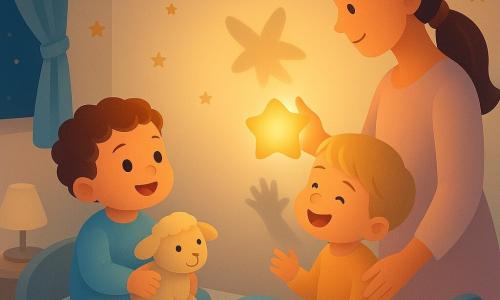 Trois personnages dans une chambre d'enfant ronde et intime : Luce, garçon d'un an aux cheveux bouclés châtains, assis à gauche du lit avec son doudou mouton beige, Milo, garçon d'un an aux cheveux blonds lisses, assis à droite du lit et tourné vers Luce en riant en projetant une ombre papillon, et la maman d'environ 30 ans, cheveux longs attachés, debout derrière le lit tenant une veilleuse étoile qui diffuse une lumière orange chaude; décor crème avec stickers étoiles et lunes dorées, couverture tricot bleu clair, tapis rose pâle, fenêtre avec rideau laissant filtrer la nuit; scène de coucher calme, textures douces, contrastes chaud-froid, expressions rassurées et complices.