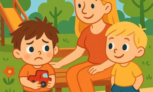 Léo, un petit garçon de 2 ans aux cheveux bruns en bataille et aux grands yeux ronds, exprime la peur tout en serrant son camion rouge contre lui. Sa maman, souriante et blonde, assise sur un banc en bois, le regarde avec douceur. Max, un garçon de 3 ans aux cheveux blonds, s'approche timidement de Léo. La scène se déroule dans une cour de récréation ensoleillée, entourée d'arbres et de fleurs, avec des jeux en bois en arrière-plan. Léo, effrayé par l'approche de Max, trouve du réconfort dans l'amour de sa maman.