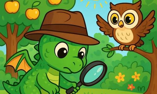 Kiwi, un petit dragon aux écailles vertes brillantes, porte un grand chapeau de détective qui cache ses yeux curieux. Il examine des empreintes de pas dans la terre, concentré. À ses côtés, Pomme, une chouette aux plumes marron et blanches, bat des ailes avec excitation, observant son ami depuis une branche. Le verger est rempli d'arbres aux pommes dorées et de fleurs colorées, sous un soleil radieux. Kiwi et Pomme enquêtent sur la mystérieuse disparition des pommes dorées, dans une atmosphère joyeuse.