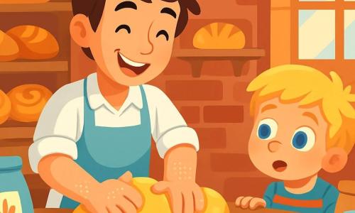 Un jeune homme, Lucas, souriant et enthousiaste, est debout dans sa boulangerie, pétrissant une pâte dorée. À côté de lui, un petit garçon, Oscar, âgé d'environ 7 ans, observe avec émerveillement. La boulangerie est chaleureuse, avec des murs en briques rouges et des étagères remplies de pains et de brioches. La scène montre Lucas expliquant à Oscar comment faire du pain, créant une atmosphère joyeuse et magique.