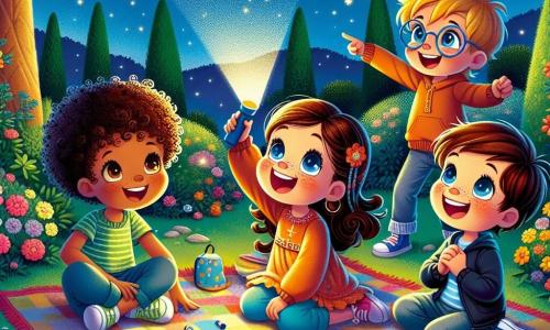 Dans un jardin nocturne, quatre enfants sont réunis sous un ciel étoilé. Léo, 8 ans, est assis sur une couverture colorée, émerveillé par le ciel. À sa gauche, Clara, 7 ans, pointe une étoile brillante avec joie. À droite, Yasmine, 8 ans, rit en faisant des gestes amusants avec sa lampe de poche, créant des ombres. Maxime, 9 ans, se tient debout, prêt à jouer avec la lampe de poche. Le jardin est rempli de fleurs colorées et entouré d'arbres, créant une atmosphère magique. Les enfants jouent ensemble, riant et dansant avec leurs ombres, découvrant la beauté de la nuit.