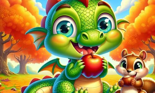 Un petit dragon nommé Flamme, avec des écailles vertes brillantes et des yeux pétillants, est assis sur un tapis de feuilles rouges et dorées. Il sourit en croquant dans une pomme juteuse. À côté de lui, Noisette, un écureuil aux poils bruns, ramasse des noix avec enthousiasme. Le décor est un parc automnal, rempli d'arbres majestueux aux feuilles flamboyantes, sous un ciel bleu clair avec des nuages blancs. Des rayons de soleil illuminent la scène d'une douce lumière dorée. Flamme et Noisette partagent un goûter d'automne, savourant la beauté de la saison en riant et en discutant.