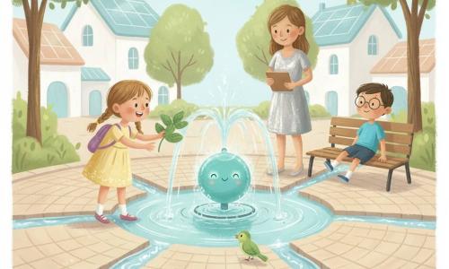 Lina, 6 ans, joyeuse et concentrée, cheveux châtain clair en deux nattes, robe jaune légère et petit sac à dos, tend une feuille de menthe à un oiseau vert posé au bord d’une fontaine; Milo, 6 ans, curieux et souriant, lunettes rondes et tee-shirt bleu, est assis sur un banc proche, les jambes balançant, observant; une femme d’environ 35–40 ans en robe argentée tient une tablette en bois derrière la fontaine, bienveillante; au centre de la fontaine, une petite machine turquoise ronde sur socle de verre, aux yeux lumineux clignotants et sourire dessiné, rayonne tandis que l’eau jaillit en anneaux argentés; lieu : place circulaire pavée avec canaux d’eau claire, bancs, arbres et maisons blanches aux toits solaires; ambiance douce aux couleurs pastels, traits gouache, textures de pinceau et reflets chatoyants sur l’eau — Lina aide l’oiseau à retrouver sa chanson.
