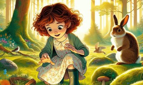 Au centre de l'image, une fille de 12 ans, Louise, aux cheveux châtains bouclés et aux yeux curieux, est accroupie dans une clairière ensoleillée. Elle porte une robe à fleurs et des bottes en caoutchouc, son visage rayonne d'excitation en découvrant un œuf de Pâques coloré sur un lit de mousse. À côté d'elle, un petit lapin espiègle, avec un pelage doux, l'observe attentivement, prêt à l'aider. La clairière est entourée d'arbres majestueux et de fleurs sauvages, tandis que des rayons de soleil filtrent à travers les branches, créant une atmosphère magique. Louise touche délicatement l'œuf, émerveillée, tandis que le lapin l'encourage, capturant l'esprit de l'aventure de Pâques.