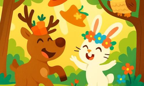 Un renne joyeux nommé Riri, avec un pelage brun et des bois majestueux, porte un chapeau en carottes. Il rit aux éclats, les yeux pétillants. À côté de lui, Léa, la lapine aux grandes oreilles, est pleine d'énergie, avec un pelage blanc et un chapeau en fleurs multicolores, sautant de joie. Tito, le hibou sage avec des plumes marron et des lunettes rondes, est perché sur une branche, observant la scène avec un sourire. La forêt est lumineuse et verdoyante, avec des arbres aux feuilles brillantes et des fleurs colorées dansant dans le vent. Riri et ses amis participent à une course de chapeaux, créant une scène joyeuse pleine de rires.