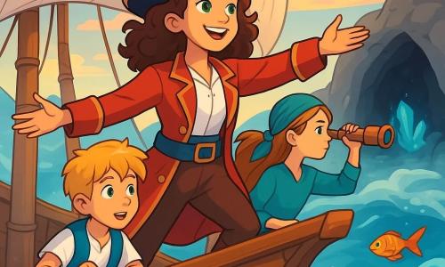 Au centre de l'image, la Capitaine Maëlle, une femme aux cheveux châtains bouclés portant un tricorne noir avec une plume rouge, sourit avec détermination. Elle se tient fièrement à la proue du Vent-Rusé, les bras écartés, prête pour l'aventure. À ses côtés, Sylvio, un jeune mousse de 10 ans aux cheveux blonds en bataille, tient une corde, tandis que Tara, la vigie de 12 ans, observe l'horizon avec des jumelles. Le Vent-Rusé navigue sur un océan bleu, entouré de brume argentée, en direction d'une caverne mystérieuse aux cristaux scintillants. Le ciel est parsemé de nuages roses et dorés, annonçant une aventure palpitante. La scène montre Maëlle et son équipage découvrant le courant Fidélis, une force magique les entraînant vers l'inconnu, tandis que des poissons colorés dansent autour du navire.
