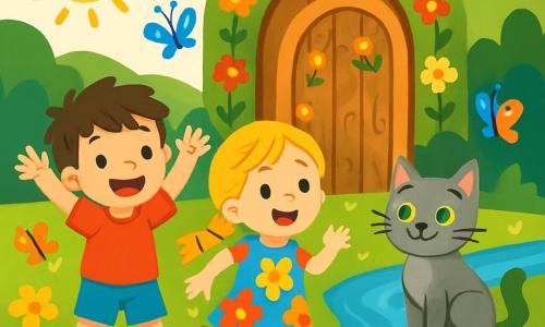 Il y a trois personnages : Léo, un garçon de 6 ans aux cheveux bruns en bataille, vêtu d'un t-shirt rouge et d'un short bleu, souriant avec enthousiasme ; Lila, une fille de 5 ans aux longs cheveux blonds tressés, en robe à fleurs colorées, sautillant joyeusement à ses côtés ; et Moustache, un chat gris aux yeux verts, assis sur une pierre avec une expression amicale. L'action se déroule dans un jardin magique rempli de fleurs multicolores et de papillons, avec une rivière scintillante et une porte en bois ornée de motifs floraux menant à un monde enchanteur. Léo et Lila découvrent la porte magique, émerveillés, prêts à entrer dans ce monde fantastique, encouragés par Moustache.