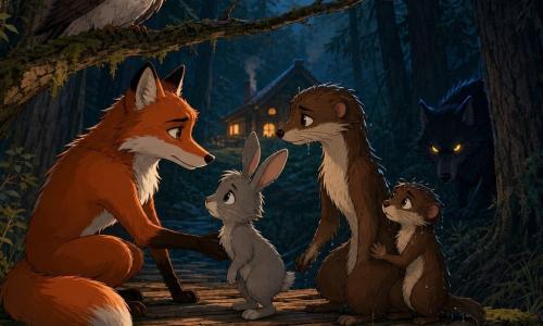 Léo, renard roux au pelage brillant et au regard déterminé, accroupi près d’un vieux pont en bois bancal pour rassurer le petit lapin Mince-Poil, un jeune lapin gris aux grandes oreilles tremblantes qui cherche du courage en regardant Léo ; Zélie, belette aînée brune au visage inquiet mais résolu, tient la main de sa sœur Lunelette, petite belette ébouriffée, mouillée et grelottante, blottie contre elle sur les planches ; Dame Hulotte, chouette blanche et brune perchée sur une branche, observe la scène d’un regard protecteur ; au bord du sous-bois la silhouette du Grand Méchant Loup, pelage noir bleuté et yeux jaunes brillants, reste immobile dans l’ombre ; l’ensemble se déroule sur un pont craquant au-dessus d’un ruisseau, entouré de troncs de pins, de mousse et d’une brume lunaire, la tension est forte mais non violente, Léo protégeant les plus jeunes tandis que la maison-refuge distante éclaire la scène de ses lumières chaudes en contraste avec les ombres froides autour du Loup.
