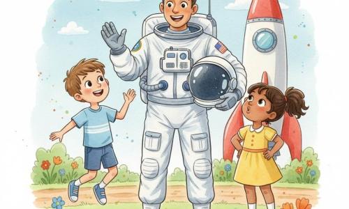 Un astronaute souriant en combinaison spatiale blanche brillante à détails gris et bleus, casque sous le bras, fait signe aux enfants; à gauche Léo, ~6 ans, cheveux châtains courts et yeux curieux, saute d’excitation; à droite Mia, ~5 ans, cheveux bruns en queue de cheval et robe jaune, mains sur les hanches en imitant le bruit d’une fusée; petit parc herbeux au bord d’une piste en terre avec fleurs sauvages, ciel bleu pâle et quelques nuages, grande fusée stylisée rouge et blanche en arrière-plan; rencontre chaleureuse, expressions vivantes, composition lumineuse aux couleurs pastel et effet aquarelle aux bords doux.