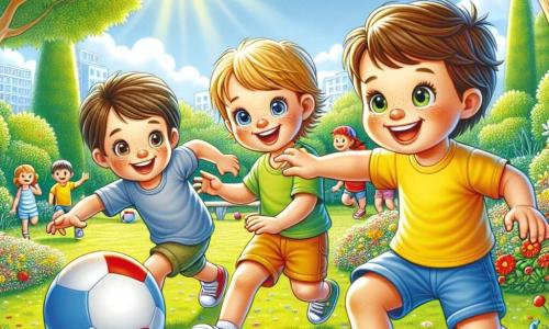 Dans un parc ensoleillé, trois amis s'amusent. Tom, 8 ans, avec des cheveux bruns et des lunettes, tient une balle rouge. À sa droite, Max, 7 ans, blond et en t-shirt jaune, court vers lui. À gauche, Léo, 6 ans, avec des cheveux noirs et un short bleu, s'apprête à attraper la balle. Le parc est rempli d'arbres, sous un ciel bleu clair, avec des fleurs colorées au sol. Ils jouent, rient et créent des souvenirs joyeux d'été.