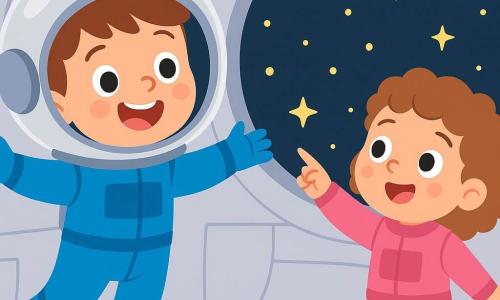 Un jeune garçon nommé Tom, âgé de 7 ans, porte une combinaison spatiale bleue et un casque argenté. Son visage exprime une joie et une curiosité, tandis qu'il flotte dans la cabine de la fusée, les bras ouverts. À côté de lui, une petite fille de 6 ans, avec des cheveux bouclés et une combinaison rose, regarde par le hublot, émerveillée par les étoiles. La scène se déroule dans une fusée futuriste avec des murs en métal argenté et un grand hublot offrant une vue sur l'espace. Tom et son amie flottent joyeusement, prêts à décoller vers les étoiles, leurs visages illuminés par l'excitation d'une nouvelle aventure spatiale.