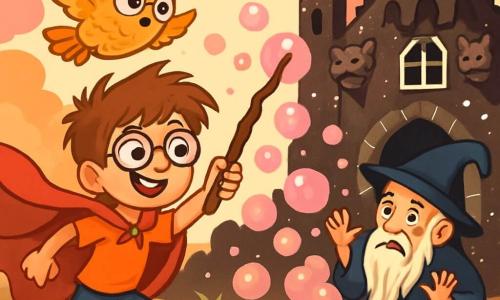 Un garçon de 10 ans, Gustave, avec des cheveux ébouriffés et des lunettes rondes, porte une cape rouge vibrante d'excitation. Son sourire large et ses yeux déterminés brillent alors qu'il brandit une baguette magique en forme de réglisse. À ses côtés, une chouette dorée nommée Brioche vole espiègle, prête à l'aider. Le décor est un château en pain d'épices noir, avec des murs scintillants de sucre et des gargouilles en bonbon. L'atmosphère mystérieuse est accentuée par des bulles roses flottantes. Gustave se tient bravement face au sorcier Carabosse, un homme âgé avec une barbe en réglisse, piégé dans des bulles sucrées, tandis que Gustave se prépare à récupérer le bonbon géant protecteur du royaume.