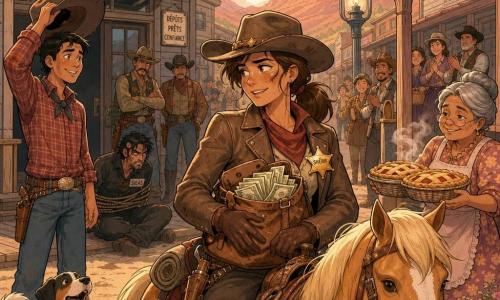 Une cow-girl d’une trentaine d’années, cheveux bruns en queue de cheval, chapeau de travers, veste en cuir poussiéreuse et étoile de shérif, visage fatigué mais triomphant, serre contre la selle une sacoche pleine de billets sur la rue principale d’un petit village de l’Ouest à l’aube ; à gauche un jeune convoyeur d’une vingtaine d’années en chemise à carreaux lève son chapeau en signe de gratitude près de l’entrée de la banque, à droite sur un perron une femme âgée aux cheveux gris tient un panier de tartes fumantes et sourit, et quelques pas derrière la cow-girl le bandit Silas, la trentaine, cheveux noirs en désordre, ligoté et assis entouré de deux ranchers, regarde la scène avec honte ; trottoirs en bois, façades en planches, enseigne de banque, lampadaire à huile, poussière dorée dans l’air, montagnes rouges à l’horizon, habitants applaudissant doucement, chien aboyant et cloche prête à sonner ; rendu en couleurs chaudes et pastel, traits arrondis, textures de bois et poussière marquées, composition centrée sur la cow-girl pour exprimer courage et justice.