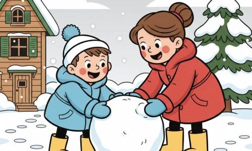 Un garçon de 2 ans joyeux, cheveux châtain courts, joues rouges, gros manteau bleu clair, bonnet à pompon et bottes jaunes, roule une grosse boule de neige avec ses petites mains; à côté, sa maman d'environ 30–35 ans, souriante, cheveux bruns attachés, manteau rouge et gants, légèrement penchée, lisse la neige pour aider; aucun autre personnage; jardin enneigé devant une maison en bois aux volets verts, sapin couvert de neige, traces de pas, ciel gris pâle avec flocons; situation principale: construction d'un bonhomme de neige avec une boule ronde au centre, petit nez en carotte posé à côté et écharpe roulée, atmosphère chaleureuse; style graphique: couleurs douces, contours ronds et épais, proportions exagérées et expressions lisibles pour les tout-petits.