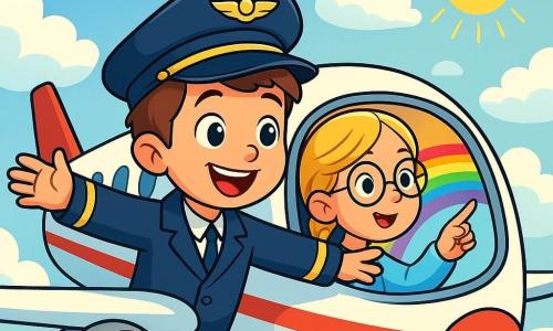 Un jeune pilote, Julien, avec des cheveux châtains et des yeux pétillants, porte une veste bleu nuit et un casque. Il sourit largement, les bras ouverts. À ses côtés, Lucie, une copilote d’environ 10 ans, avec des cheveux blonds en tresse et des lunettes rondes, regarde par le hublot, pointant un arc-en-ciel. L’avion est en plein vol, entouré de nuages doux, tandis que le soleil illumine le cockpit. Julien et Lucie naviguent joyeusement entre les nuages, prêts à offrir un moment magique aux passagers.