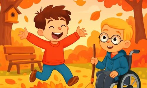 Deux personnages principaux : Lucas, un garçon de 8 ans aux cheveux bruns, portant un pull rouge et un jean, saute joyeusement dans une pile de feuilles dorées. Maxime, également âgé de 8 ans, avec des cheveux blonds et des lunettes rondes, est assis dans un fauteuil roulant, vêtu d'un manteau bleu, tenant un petit balai et regardant Lucas avec un sourire. L'action se déroule dans un jardin enchanteur, avec des arbres aux feuilles colorées et un sol tapissé de feuilles mortes. Lucas s'amuse à sauter dans les feuilles tandis que Maxime l'encourage en balayant autour de lui. L'atmosphère est joyeuse, illustrant l'amitié et la magie de l'automne.