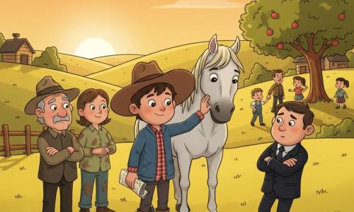 Tom, un garçon de 12–14 ans au visage rond, expression déterminée et douce, grand chapeau brun, veste en denim, chemise à carreaux rouge et bottes en cuir poussiéreuses, est assis sur Nuage, un grand cheval blanc aux yeux doux et à la crinière flottante, son museau touchant la main de Tom ; il tient des papiers froissés qui dévoilent la vérité. À gauche se tient Jules, le grand‑père d’environ 70 ans, visage ridé et bienveillant, chapeau feutre usé, bras croisés, fier et soulagé. Derrière Tom, deux voisins adultes (un homme et une femme, 30–50 ans) aux vêtements simples et tachés d’herbe se tiennent la main, soulagés et reconnaissants. En face, le chef des hommes, vers 40 ans, en costume sombre simple, a une expression hésitante et penaude, tête légèrement baissée et bras croisés, reculant surpris. Le décor est une prairie aux collines jaunes avec herbe ondulante, un pommier à droite où jouent des enfants, petites maisons en bois au fond et un ciel orange de fin d’après‑midi avec soleil bas et ombres longues ; la scène centrale montre Tom sur Nuage, entouré en demi‑cercle par les voisins, tension qui se dissipe, couleurs chaudes et silhouettes claires, détails simples et lisibles pour les enfants.