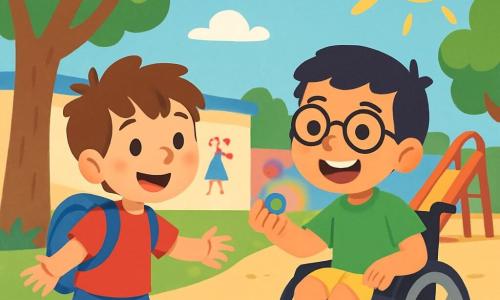 Il y a 2 personnages principaux : Tom, un garçon de 7 ans avec des cheveux bruns en bataille, portant un t-shirt rouge et un cartable bleu, qui est debout et souriant, et Sami, un garçon de 8 ans avec des cheveux noirs et des lunettes, assis dans un fauteuil roulant, portant un t-shirt vert et un short jaune, souriant avec un petit caillou coloré dans sa main. La scène se déroule dans une cour d'école ensoleillée, entourée d'arbres et d'un mur coloré avec des dessins d'enfants. Tom et Sami jouent ensemble, cherchant des cailloux amusants et partageant des histoires sous un ciel bleu avec des nuages blancs.