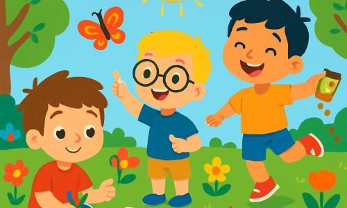 Trois garçons de 5 ans sont présents : Tom, avec des cheveux bruns en bataille et un t-shirt rouge, assis sur l'herbe avec des crayons de couleur ; Léo, aux cheveux blonds et lunettes rondes, debout à côté de Tom en pointant un papillon coloré ; et Max, aux cheveux noirs et souriant, sautant avec un seau de graines pour planter des fleurs. Ils se trouvent dans un jardin d'école fleuri, entouré d'arbres verdoyants et d'oiseaux chantants, sous un ciel bleu parsemé de nuages blancs. Les garçons préparent un grand dessin sur le sol, profitant du printemps.