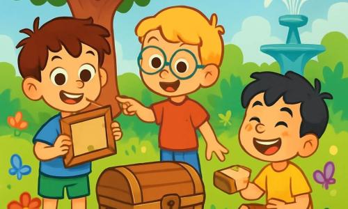 Trois garçons sont présents : Timothée, 8 ans, avec des cheveux bruns en bataille, un t-shirt bleu et un short vert, souriant en tenant un vieux cadre en bois ; Léo, 7 ans, avec des cheveux blonds et des lunettes rondes, vêtu d'un t-shirt rouge et d'un pantalon en jean, pointant vers un coffre en bois ; et Max, 8 ans, avec des cheveux noirs et des taches de rousseur, portant un t-shirt jaune et des shorts à rayures, assis sur l'herbe en riant avec un sandwich. Ils sont dans un jardin ensoleillé avec des fleurs colorées, un grand arbre et une fontaine scintillante. Les garçons découvrent le coffre, émerveillés, dans une atmosphère joyeuse, capturant l'esprit de la fête des pères.