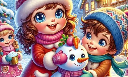 Au premier plan, Lila, une petite fille de 5 ans aux grands yeux et cheveux bouclés châtain, porte un manteau rouge, une écharpe douce et des gants colorés. Elle sourit en roulant une boule de neige pour un bonhomme de neige. À côté, Max, 6 ans avec des cheveux blonds et un bonnet bleu, place une carotte sur le bonhomme en riant. Un peu plus loin, Zoé, 5 ans avec des tresses brunes et un manteau rose, tient un seau de neige. Le décor est un village hivernal avec des maisons en bois, des sapins décorés et des flocons de neige tombant. La scène dégage joie et amitié dans une ambiance festive d'hiver.