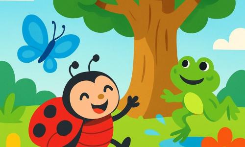 Lila, une coccinelle joyeuse au dos rouge vif parsemé de points noirs, danse autour d'un grand arbre magique, ses yeux pétillants de bonheur. À ses côtés, un papillon bleu aux ailes délicates vole avec grâce, illuminant le jardin. Une petite grenouille verte, aux yeux ronds et brillants, saute joyeusement près de l'arbre. La scène se déroule dans un jardin luxuriant rempli de fleurs colorées et d'un ciel bleu éclatant. Lila et ses amis chantent et jouent pour aider l'arbre, créant une atmosphère de joie et d'amitié.