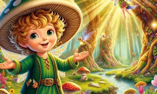 Taran, un petit homme aux cheveux dorés et aux yeux pétillants, se tient au centre de la scène, souriant et les bras ouverts, comme s'il accueillait la magie du monde. Il porte un chapeau en forme de champignon et une tunique colorée, entouré de fleurs éclatantes. À sa droite, Lila, la fée des bois, vole joyeusement, riant et lançant des étincelles de magie, ajoutant une touche amicale à l'atmosphère. Le décor est une forêt enchantée avec de grands arbres, des rayons de soleil illuminant le sol fleuri et un ruisseau scintillant. Taran apaise un grand nuage sombre au-dessus de la forêt, levant les bras avec courage, tandis que les animaux l'observent avec admiration et que le nuage se dissipe, laissant place à une douce pluie bienfaisante.