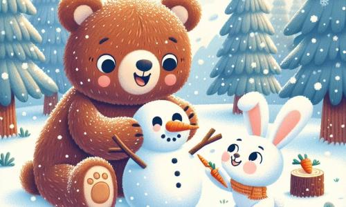 Un grand ours brun nommé Bobo roule dans la neige fraîche, riant aux éclats. À côté de lui, un petit lapin blanc nommé Titi saute de bonheur en tenant une carotte pour le nez d’un bonhomme de neige. La scène se déroule dans une forêt enchantée, avec des arbres recouverts de neige scintillante et un ciel bleu clair parsemé de flocons. Bobo et Titi construisent un bonhomme de neige, ajoutant des bras en branches et un chapeau en feuilles, tout en s’amusant dans une ambiance hivernale joyeuse.