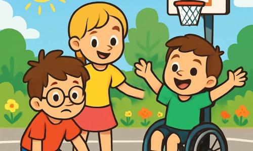 Il y a trois personnages : Lucas, un garçon de 8 ans aux cheveux bruns en bataille et lunettes rondes, portant un t-shirt rouge et un short bleu, se relève après une chute. Emma, une fille de 7 ans avec des cheveux blonds tressés et un grand sourire, porte un t-shirt jaune et une jupe rose, et encourage Lucas avec une main sur son épaule. Max, un garçon de 9 ans aux cheveux châtains, souriant, est dans son fauteuil roulant, vêtu d'un t-shirt vert et d'un short noir, levant les bras en signe de soutien. L'action se déroule sur un terrain de basketball en plein air, entouré d'arbres et de fleurs, sous un ciel bleu et ensoleillé. Lucas tombe mais se relève avec l'aide de ses amis, créant une atmosphère de camaraderie et d'énergie positive.
