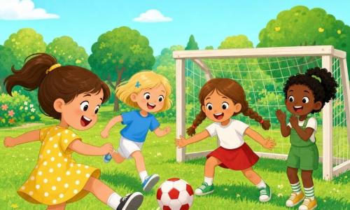 Quatre filles de 6 ans jouent au football dans un parc ensoleillé : Léa (cheveux bruns en queue de cheval, robe jaune à pois) frappe le ballon à gauche, Emma (cheveux blonds courts, t-shirt bleu, short blanc) court vers le ballon au centre gauche, Zoé (nattes châtain clair, jupe rouge, baskets vertes) bloque le ballon devant le but au centre droit et Mia (cheveux noirs bouclés, salopette verte, chaussettes rayées) sourit et applaudit derrière elle ; pelouse verte avec petites fleurs, petit but en bois peint en blanc, ballon rond rouge et blanc, ambiance joyeuse et couleurs vives.