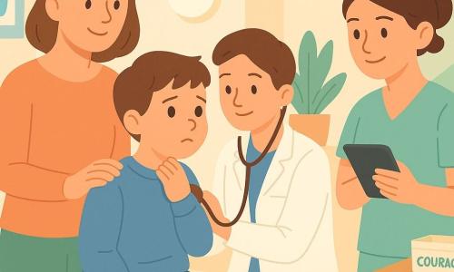 Docteure Lina, médecin souriante aux cheveux bruns en chignon et blouse blanche, penchée vers un garçon nommé Sami assis sur la table d’examen, lui pose un stéthoscope dans le dos avec calme et bienveillance; l’assistante Élodie, jeune, cheveux attachés et tenue pastel, prend des notes sur une tablette à droite en souriant, la mère se tient derrière Sami la main sur son épaule, visage soulagé; cabinet médical chaleureux aux murs crème avec affiches d’hygiène, lampe diffuse, plante près de la fenêtre, boîte d’autocollants « courage » et matériel médical rangé; atmosphère calme, palette pastel, silhouettes simples et formes arrondies.