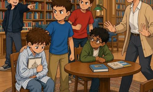 Six personnages dans une grande bibliothèque lumineuse aux murs en bois clair : Simon, ~9 ans, cheveux bruns en bataille, chemise trop grande, assis au premier plan tenant un carnet et regardant le sol ; Léo, ~9 ans, t‑shirt bleu, debout à côté de Simon, main sur son épaule, regard déterminé ; Malik, ~9 ans, peau mate, lunettes, veste verte, assis à la table près de Simon, posture protectrice ; Tom, ~9 ans, grand, t‑shirt rouge, derrière Léo, poing fermé mais calme ; Maxime, ~11 ans, harceleur aux cheveux blonds et veste sombre, à l’arrière en train de se moquer ; la bibliothécaire, ~40 ans, cheveux gris en chignon, cardigan beige, entre par la droite paumes ouvertes pour apaiser la scène. Atmosphère narrative et bienveillante : soutien immédiat des amis, contraste de tons doux chez les enfants et plus froids chez le harceleur, grandes fenêtres laissant passer un rayon de lumière, table ronde en chêne et tapis sous la table.