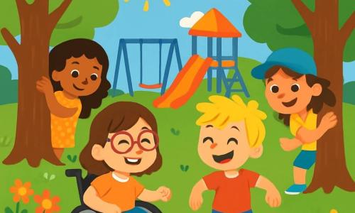 Il y a quatre enfants : Lou, une fille de 8 ans dans un fauteuil roulant, souriante et enthousiaste ; Max, un garçon de 7 ans aux cheveux blonds en t-shirt rouge, courant joyeusement ; Lila, une fille de 7 ans avec des cheveux bouclés en robe à fleurs, se cachant derrière un arbre ; et Zoé, une fille de 8 ans avec des cheveux châtains et une casquette, sortant de sa cachette, souriante. L'action se déroule dans un parc ensoleillé avec des arbres, une aire de jeux colorée, de l'herbe douce et des fleurs. Lou compte joyeusement pour le jeu de cache-cache, entourée de ses amis cachés, illustrant l'amitié et l'inclusion.