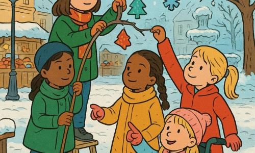 Quatre filles de 8 ans : Lina, cheveux châtain clair en couette, manteau rouge, tient une longue canne et la dirige vers une branche à droite ; Zoé, cheveux noirs mi-longs, bonnet bleu, manteau vert, sur un petit marchepied à gauche de Lina, tient une boîte de cartes colorées ; Amira, peau mate, tresse, manteau jaune moutarde, stabilise la canne et regarde vers la branche derrière Zoé ; Rose, cheveux blonds, dans un fauteuil roulant décoré de guirlandes, gants roses, au centre-devant, indique où accrocher la carte. Scène : petite place de marché enneigée la veille de Noël, pavés sous une fine neige, lampadaires anciens à lumière chaude, étals en bois, fontaine gelée et arbres aux branches basses chargées de neige. Les quatre amies accrochent des cartes en forme de sapins et flocons sur une branche au-dessus d’un vieux pont ; une carte tournoie au vent, elles sont concentrées et souriantes, ambiance chaleureuse et festive, couleurs contrastées et textures visibles (laine, bois, neige).