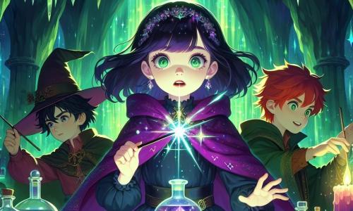 Elara, une apprentie sorcière de 12 ans, se tient au centre de la scène, avec des cheveux noirs et des yeux brillants d'excitation. Elle porte une cape en velours violet ornée d'étoiles et tient une baguette magique. À ses côtés se trouve Arin, un garçon de 13 ans aux cheveux roux, qui prépare une potion, et Lira, une fille de 11 ans, qui dessine des symboles magiques dans l'air. La scène se déroule dans une caverne illuminée par un cristal géant, entourée de fresques anciennes. Elara et ses amis se préparent à affronter Malakar, le sorcier déchu, qui se tient en arrière-plan, créant une atmosphère de tension et de magie.