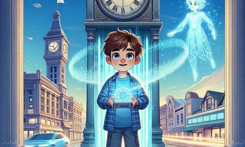 Au centre de l'image, Alex, un garçon de 12 ans aux cheveux châtains en désordre et aux yeux curieux, se tient devant une horloge publique ancienne, son visage illuminé par l'excitation. Il porte un t-shirt bleu et un short, tenant un boîtier brillant, prêt à activer un voyage dans le temps. À ses côtés, Sélène, une intelligence artificielle holographique avec des cheveux flottants et des yeux lumineux, l'encourage. En arrière-plan, une rue futuriste avec des maisons flottantes, des voitures volantes et des hologrammes colorés. Alex, enthousiaste, s'apprête à entrer dans un couloir lumineux, laissant derrière lui un monde familier pour une aventure à travers le temps.