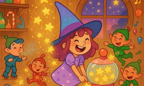 Plumette, une jeune sorcière joyeuse et espiègle, porte un grand chapeau pointu changeant de couleur, une robe violet pâle à pois et des chaussettes rayées, elle rit en appuyant sur les gros boutons d’une machine en bonbons qui projette des étoiles dorées; Nuage, un chat rond et fluffy au pelage gris clair avec une loupe en caramel sur le nez, saute pour attraper les étoiles en laissant des traînées de paillettes; un lutin bleu en patins à roulettes souffle de la poudre magique depuis la gauche, un lutin rouge fait une pirouette au centre couvert d’étoiles collées et un lutin vert rit en lançant des mini-ballons chantants depuis la droite, tous proches de Plumette; l’action se déroule dans un fablab féerique intérieur avec étagères de fioles brillantes, outils en sucre d’orge, murs en bois décorés de guirlandes de paillettes et une grande fenêtre ronde sur un ciel crépusculaire, tandis que des centaines d’étoiles dorées tombent du plafond, éclairant la pièce d’une lumière chaude et créant une atmosphère magique et joyeuse — style : couleurs vives, formes douces, traits épais, textures de bonbons et paillettes visibles, composition centrée sur Plumette et la machine.