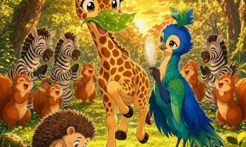 Gala la girafe joyeuse et malicieuse, grande silhouette tachetée, tient une feuille brillante sur son museau en souriant ; à ses côtés Maestro Plumetis, un oiseau élégant bleu-vert, pose une plume blanche sur une patte en signe de paix ; au premier plan, un petit hérisson timide fait une révérence comique avec une minuscule moustache dessinée, près des pieds de la girafe ; en arrière-plan, zèbres et écureuils forment un cercle amusé et applaudissent silencieusement dans une clairière ensoleillée aux herbes vertes et fleurs jaunes, lumière orangée du coucher de soleil, ambiance de réconciliation et de calme joyeux, couleurs vives, contours nets, style manga enfantin, traits doux et expressions exagérées.