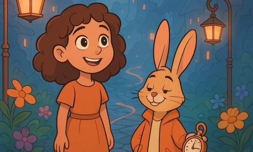 Lise, une jeune fille de dix ans avec des cheveux bruns bouclés et des yeux pétillants, se tient sur un chemin de pierres luisantes, entourée de lanternes diffusant une douce lumière abricot. À côté d'elle, Lazare, un lapin anthropomorphe en blouson orange, tient une montre à gousset avec satisfaction. Autour d'eux, des balises-jardins ajoutent une touche magique au décor. Le Chemin Casse-Cou, aux pavés tordus et rubans de lumière, serpente à travers un paysage urbain fantastique avec des bâtiments aux toits clignotants et des escaliers mouvants dans une brume argentée. La scène montre Lise et Lazare célébrant la réouverture du chemin magique, unissant deux mondes dans une ambiance festive et de découverte.