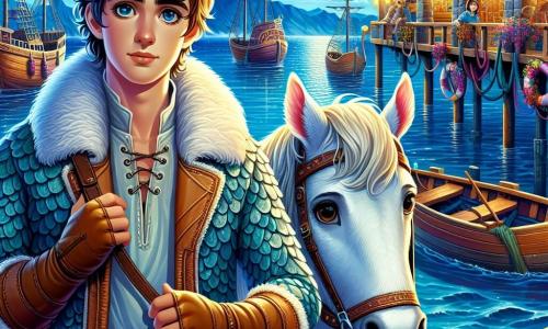 Un homme nommé Alban, la trentaine, se tient sur le quai du port d’Azura, émerveillé et déterminé. Il porte une veste d'écume scintillante et regarde la mer avec espoir. À ses côtés, Ondine, une jeune fille d'environ 20 ans avec des cheveux dorés en queue de cheval, tient la bride de son cheval blanc, Brise, curieux de la scène. Le port est illuminé par la lune, avec des barques colorées et des filets de pêche accrochés aux murs. Alban et Ondine, assis sur une bitte d’amarrage, partagent un moment de connexion en écoutant un chant mystérieux d'un puits ancien, entouré de pierres usées.