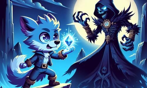 Un petit loup nommé Luno, avec une fourrure bleue éclatante et des yeux scintillants, se tient courageusement devant un sorcier maléfique. Luno, déterminé, brandit un cristal dans sa patte, prêt à défendre le temps. Le sorcier, en robe noire ornée, tente de récupérer le cristal, se tenant sur un rocher au sommet d'une montagne, entouré d'une aura de magie sombre. La scène se déroule dans la Montagne des Ombres, avec des falaises escarpées et des éclairs illuminant le ciel. Luno se prépare à affronter le sorcier pour sauver le Cristal du Temps, tandis que le vent souffle autour d'eux, créant une tension palpable.
