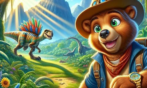 Barnabé, un jeune ours brun avec un pelage doux et des yeux pétillants, se trouve au centre d'une jungle préhistorique, tenant une montre en or. Il porte un chapeau d'aventurier et sourit, déterminé à explorer. À ses côtés, un vélociraptor aux plumes colorées court avec enthousiasme, prêt à l'aider. Plus loin, un stégosaure observe la scène avec curiosité. La jungle est luxuriante, avec des fougères géantes, des fleurs éclatantes et des rayons de soleil filtrant à travers le feuillage, créant une atmosphère magique. Au fond, des montagnes se dessinent sous un ciel bleu. Barnabé et le vélociraptor s'apprêtent à entrer dans une immense grotte où se profilent des silhouettes d'ours préhistoriques.