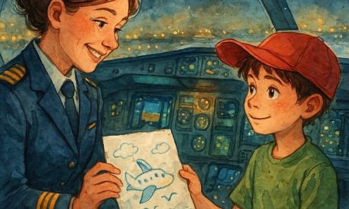 Une pilote d'environ cinquante ans, souriante et attendrie, cheveux châtain en chignon, en uniforme bleu marine à épaulettes dorées, reçoit avec émotion un dessin froissé d'un garçon d'environ 11 ans portant une casquette rouge trop grande, qui le tend depuis l'encadrement du cockpit, timide mais fier ; un copilote d'une trentaine d'années, barbe légère, sourit en arrière‑plan ; intérieur nocturne du cockpit au parking avec instruments et écrans lumineux et hublots montrant des lumières de piste et urbaines floues, atmosphère intime et chaleureuse après le vol.